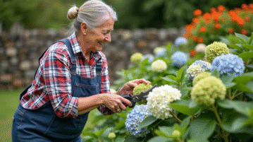 Femme taillant des fleurs fanées dans un jardin en été