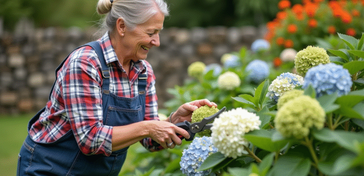 Femme taillant des fleurs fanées dans un jardin en été