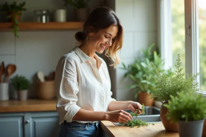 Femme cueillant du thym frais dans la cuisine lumineuse