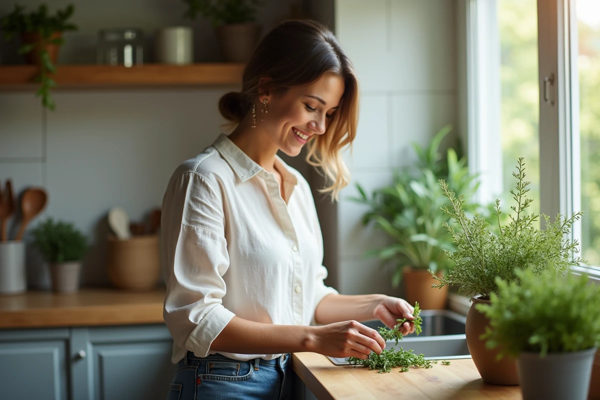Femme cueillant du thym frais dans la cuisine lumineuse