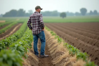 Fermeur examinant des mauvaises herbes dans un champ