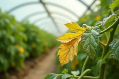 Feuille de tomate jaune en serre avec décoloration visible et texture détaillée en gros plan