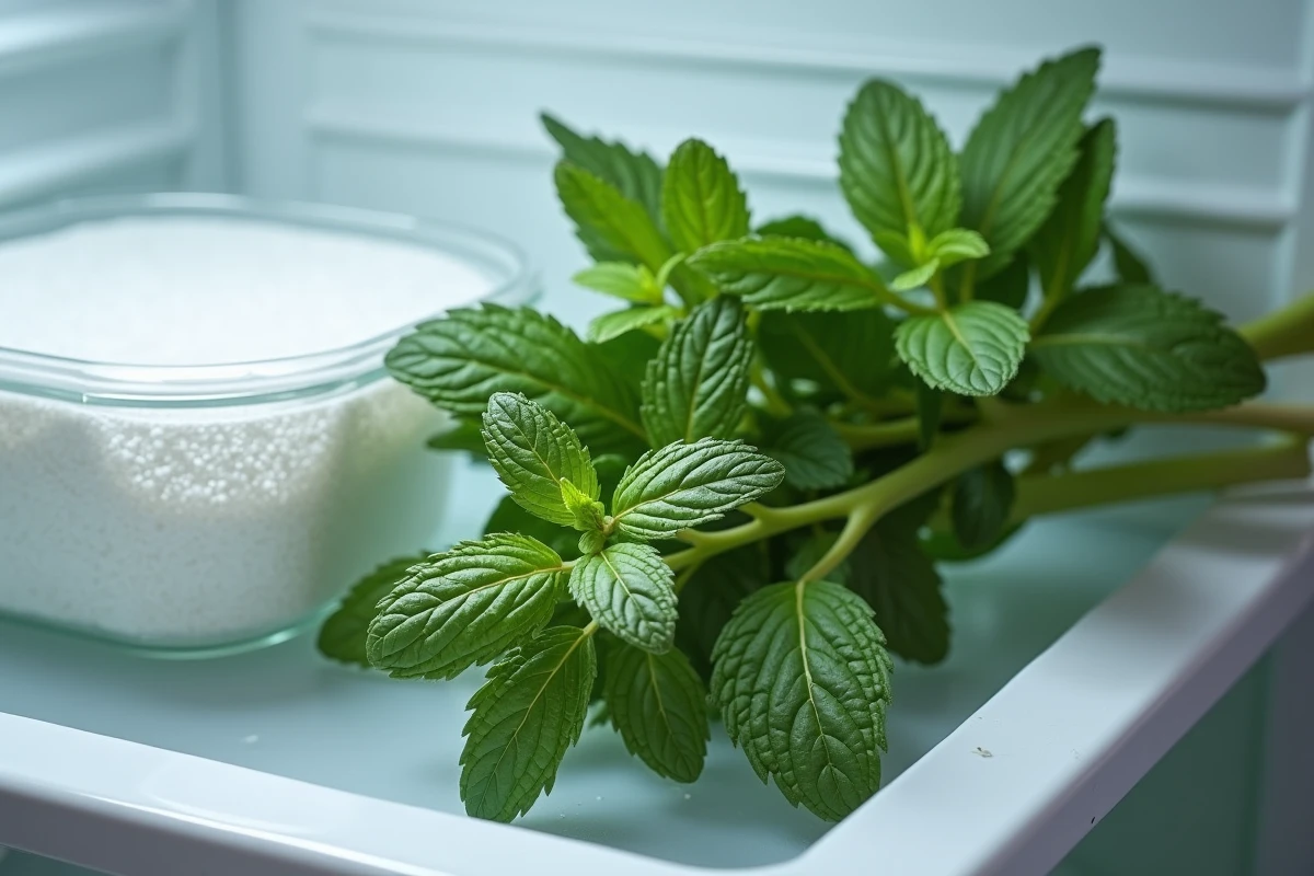 Feuilles de menthe noircies conservées dans un contenant hermétique avec papier absorbant humide au réfrigérateur pour prolonger leur fraîcheur