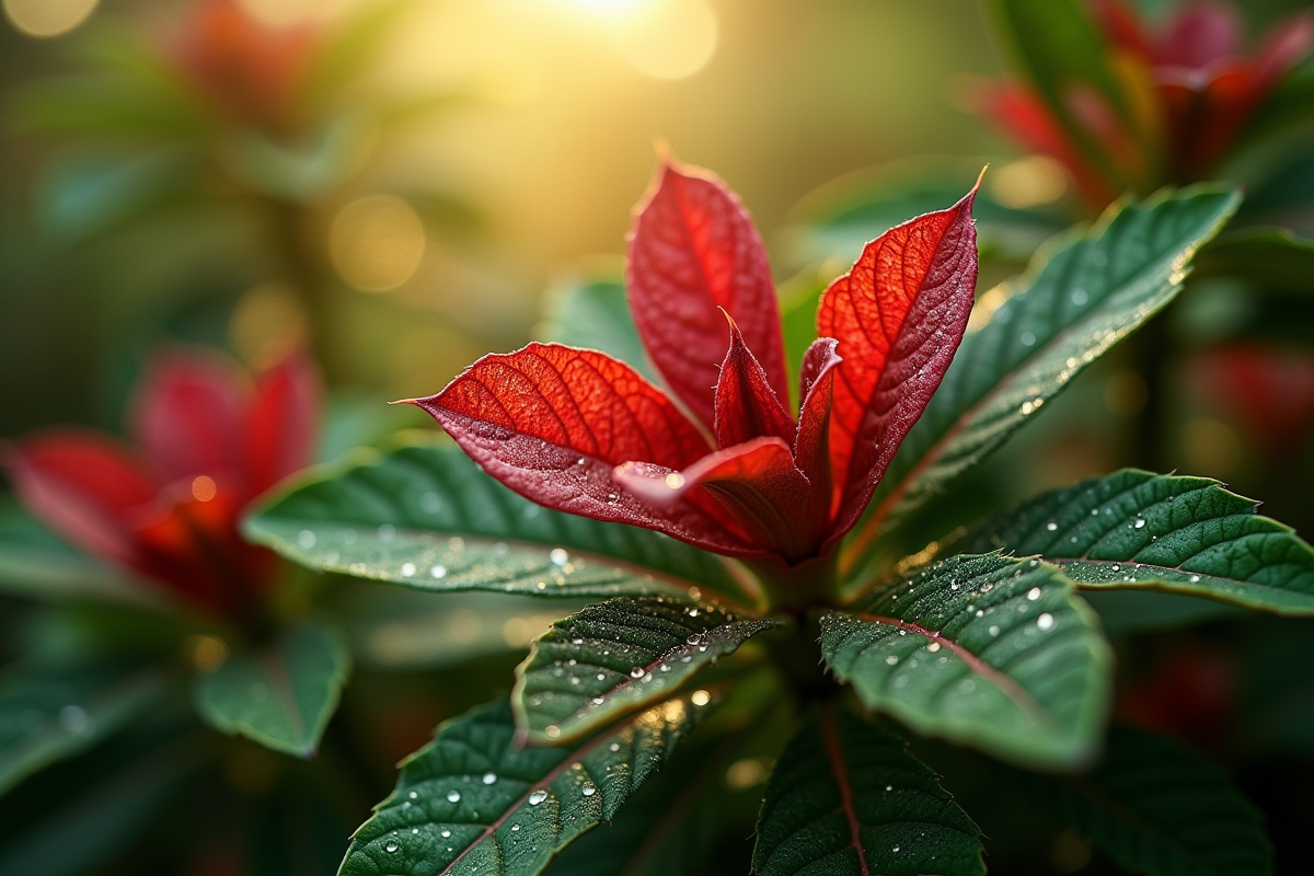 Feuilles de photinia rouge et verte avec rosée du matin