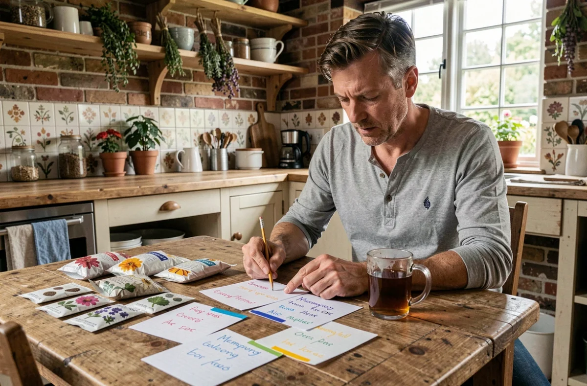 Homme adulte utilisant des fiches mnémotechniques colorées pour mémoriser les noms de fleurs, assis à une table de cuisine rustique couverte de sachets de graines et de spécimens botaniques