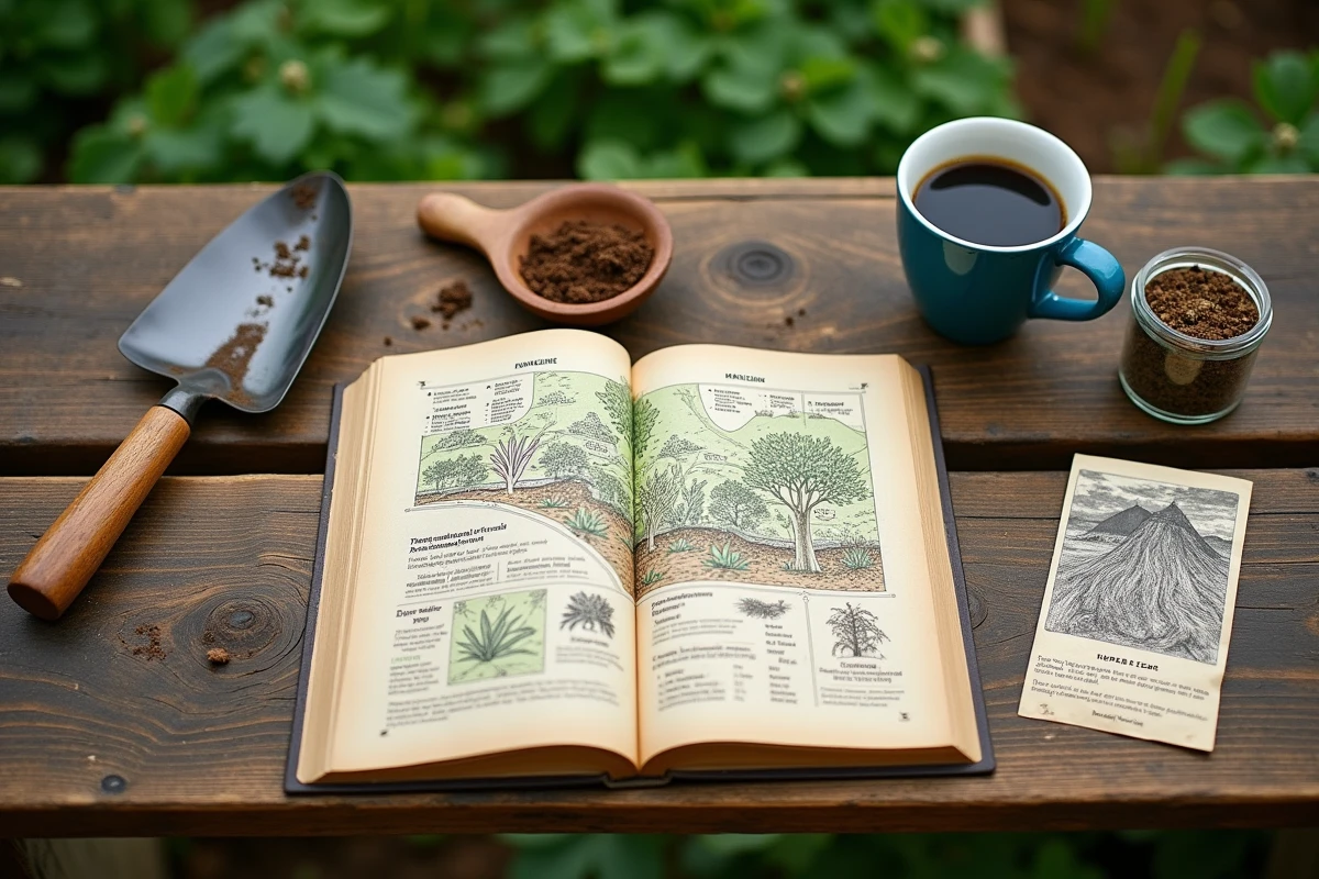 Flat lay d'un livre de permaculture ouvert avec outils de jardinage et graines sur une table en bois dans une microferme