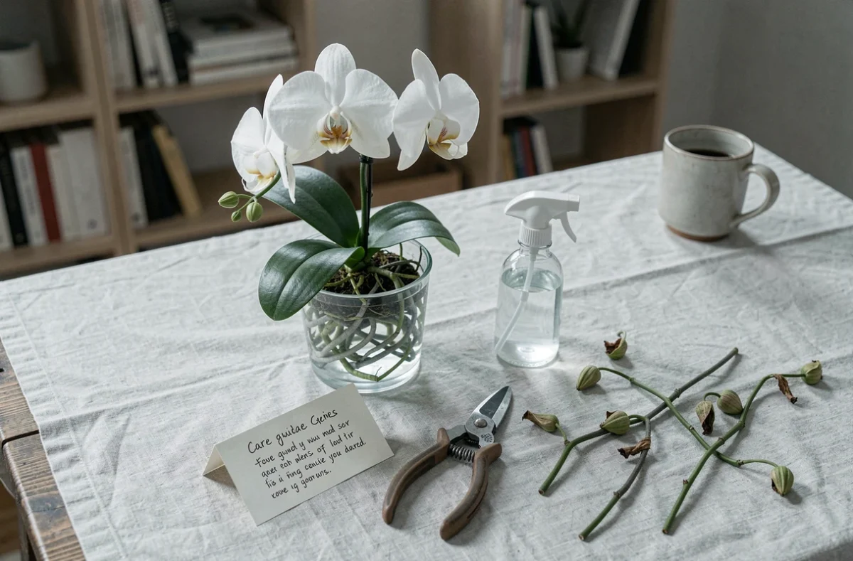 Vue à plat d'une orchidée taillée dans un pot en verre avec des outils de jardinage et une fiche de soins sur une table en chêne