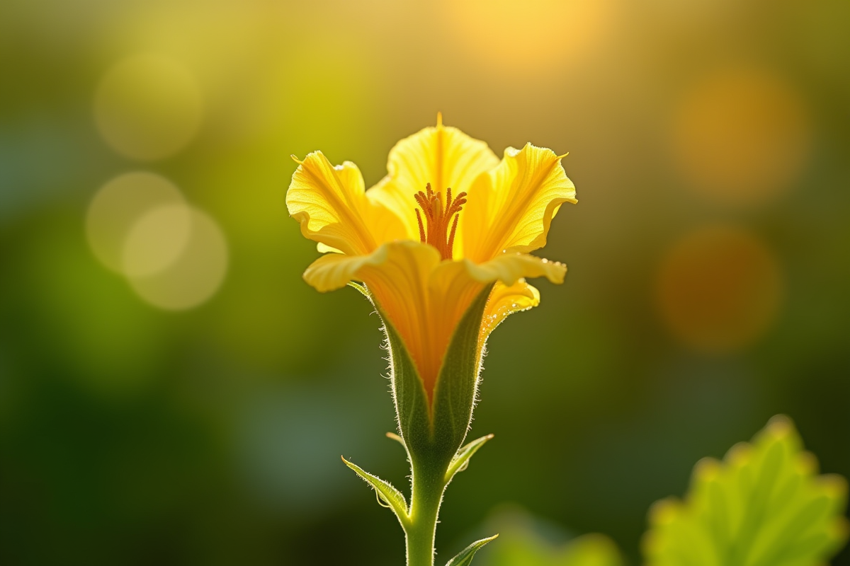 Fleur de zucchini encore attachée à la plante dans un jardin