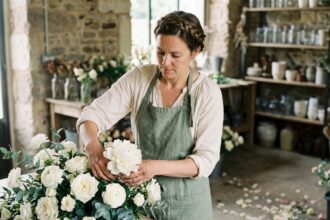 Fleuriste événementielle parisienne arrangeant un centre de table nuptial avec pivoines blanches et roses dans son atelier artisanal