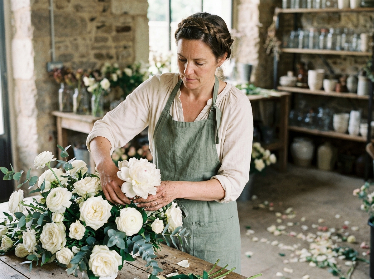 Fleuriste événementielle parisienne arrangeant un centre de table nuptial avec pivoines blanches et roses dans son atelier artisanal