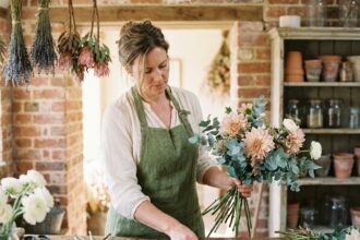 Fleuriste femme arrangeant un bouquet de fleurs fraîches dans une boutique artisanale au décor rustique
