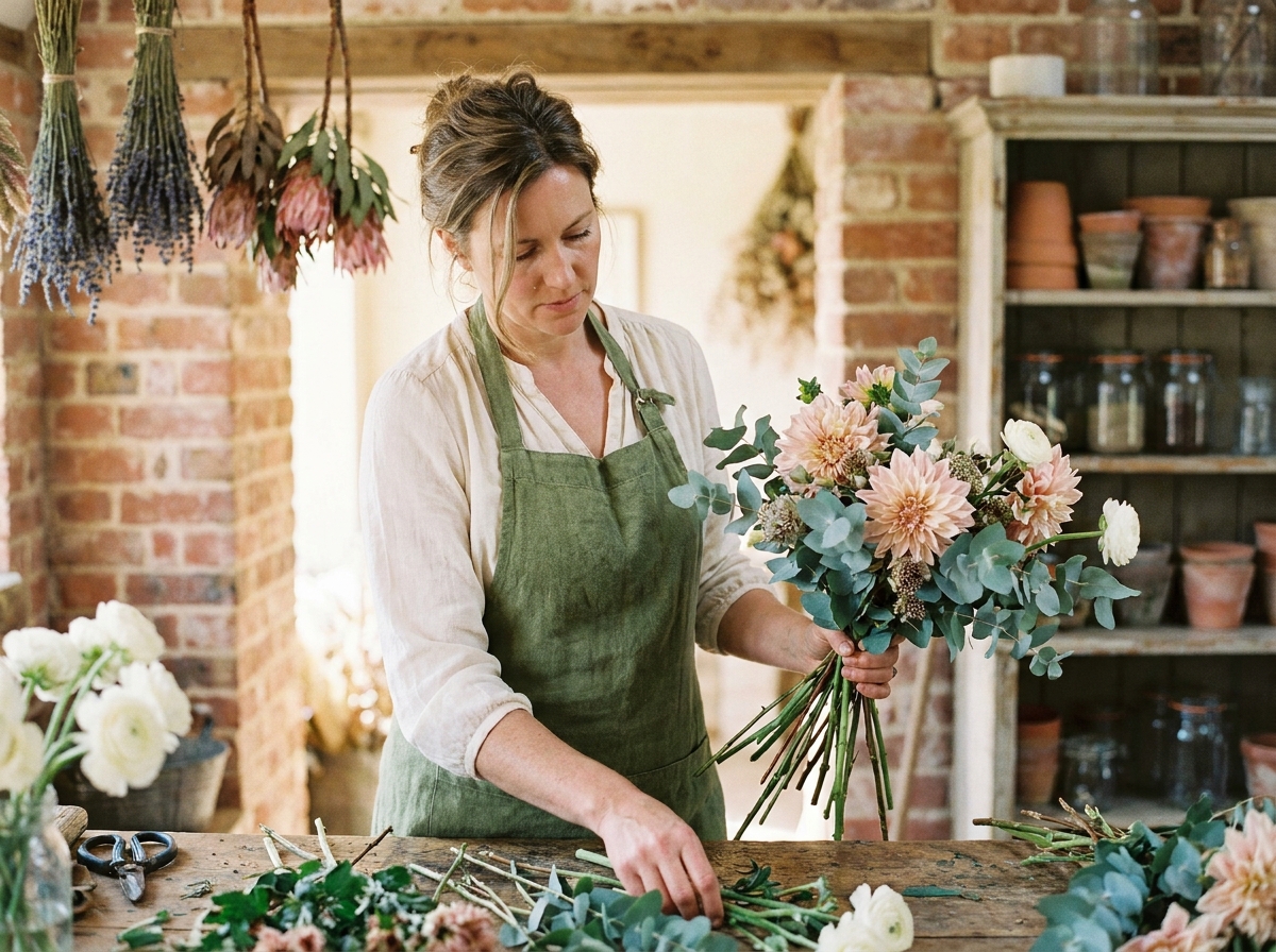 Fleuriste femme arrangeant un bouquet de fleurs fraîches dans une boutique artisanale au décor rustique