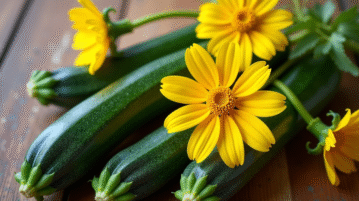 Fleurs de zucchini fraîches sur une table en bois rustique