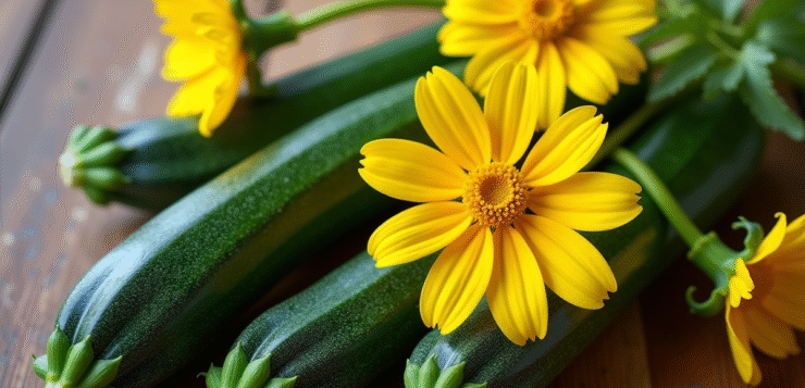 Fleurs de zucchini fraîches sur une table en bois rustique