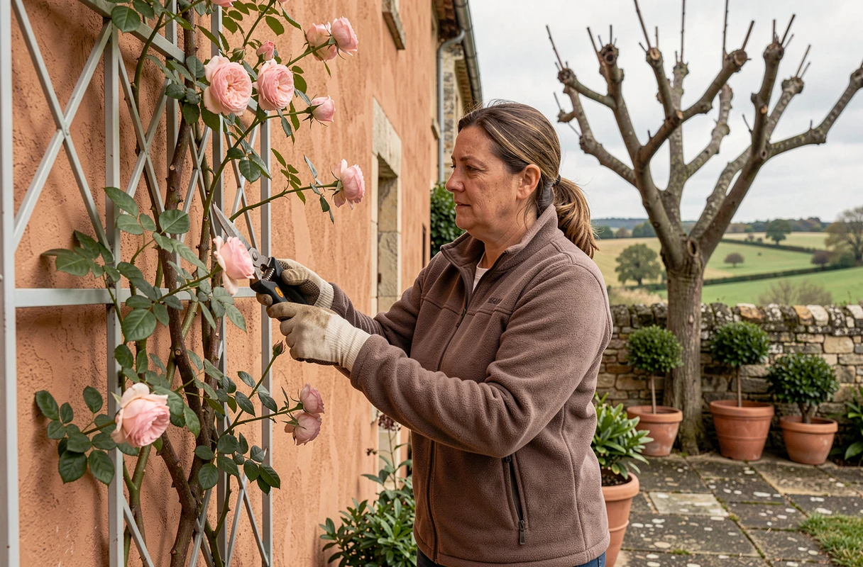 Paysagiste de Fonteneau Paysagiste taillant un rosier grimpant dans un jardin traditionnel à Thouars