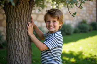 Garçon souriant touchant un vieux tronc d olive dans un jardin
