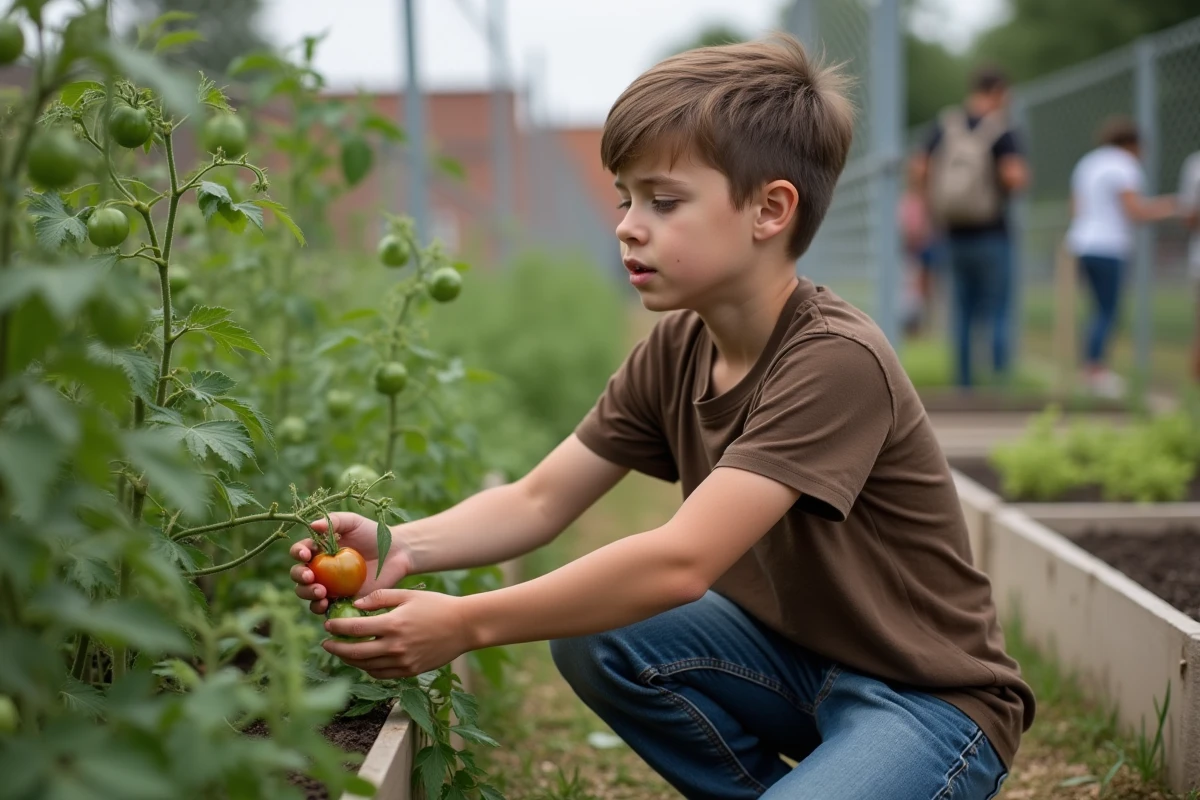 Adolescent confus dans un jardin urbain en train de couper une tomate