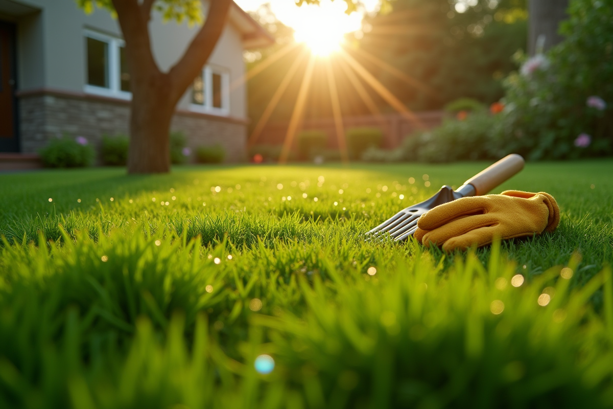 Gazon fraîchement tondu avec rosée matinale et outils de jardinage