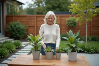 Espace extérieur aménagé avec des plantes et du mobilier confortable