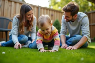 Espace vert avec pelouse synthétique et enfants jouant