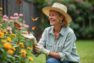 Papillon coloré se posant sur une fleur dans un jardin ensoleillé