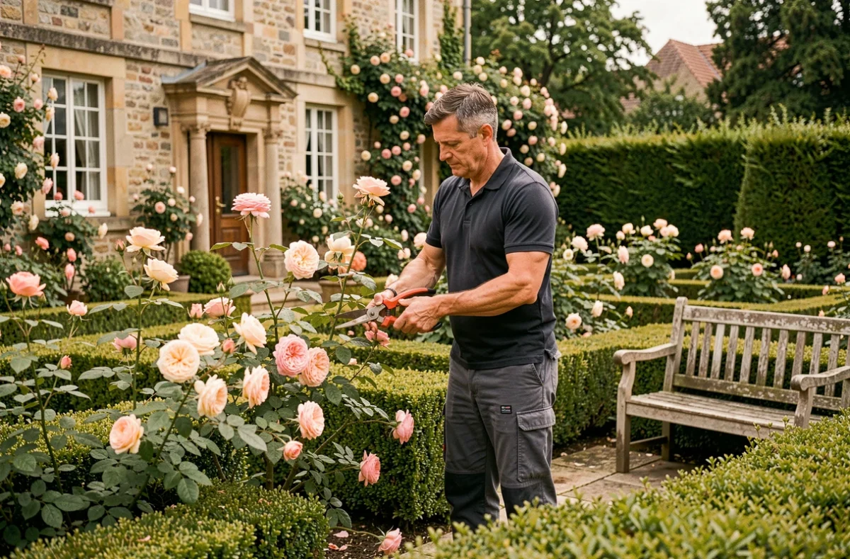 Prestataire de services à domicile taillant des rosiers dans le jardin soigné d'une maison normande