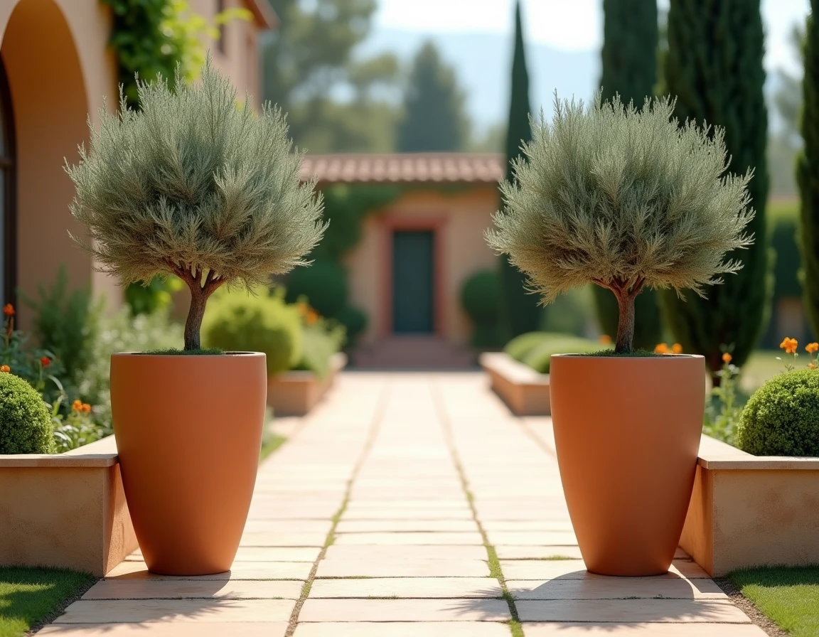 Paire de grands pots extérieurs 100 cm en céramique terracotta avec oliviers encadrant une allée de jardin méditerranéen
