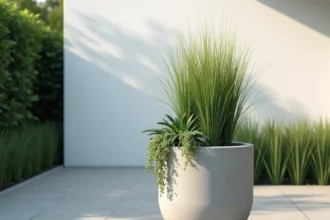 Grand pot de fleur extérieur 100 cm en béton brut sur terrasse moderne avec graminées ornementales