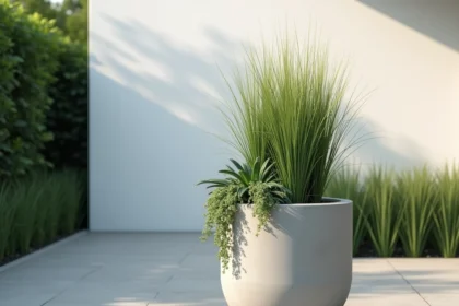 Grand pot de fleur extérieur 100 cm en béton brut sur terrasse moderne avec graminées ornementales