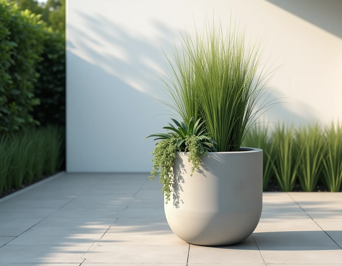 Grand pot de fleur extérieur 100 cm en béton brut sur terrasse moderne avec graminées ornementales