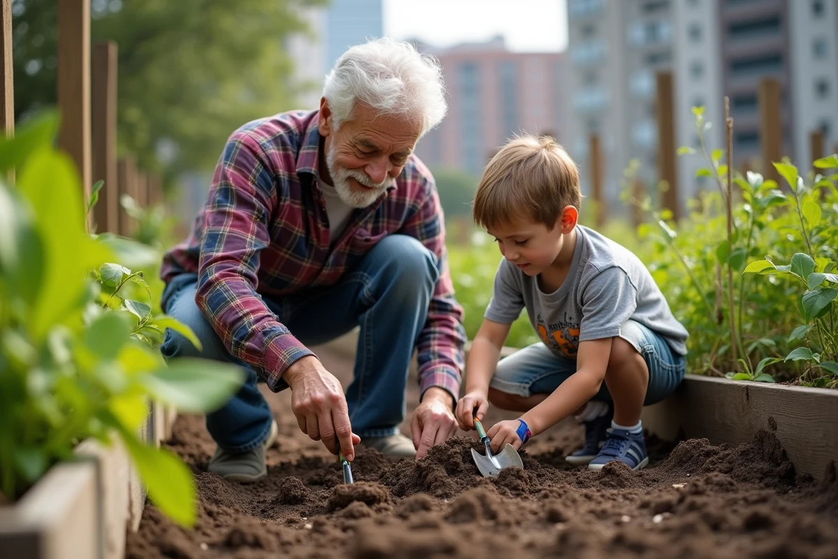Grand-pere et petit-fils jardinant dans un espace urbain