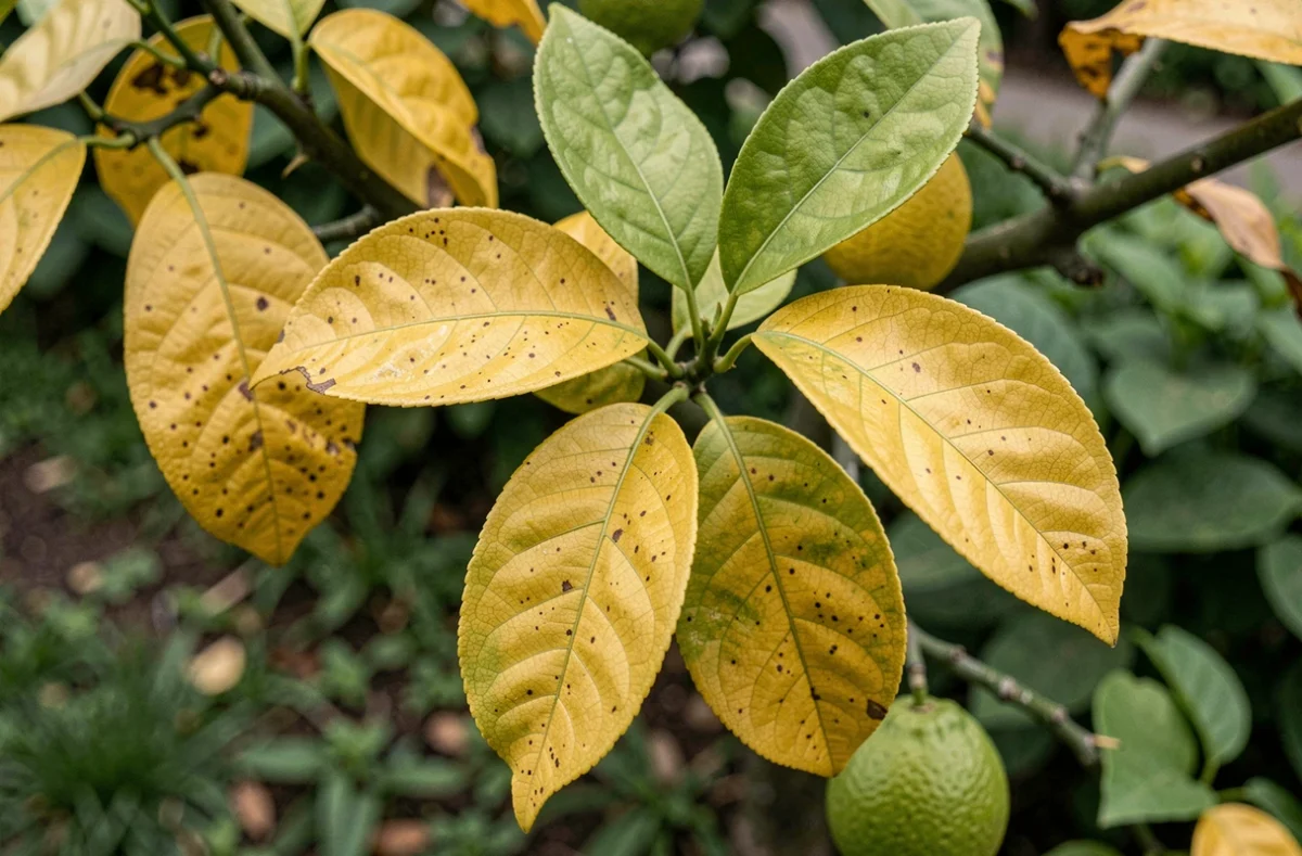 Gros plan sur des feuilles jaunes à différents stades de jaunissement sur un citronnier avec de petits citrons verts