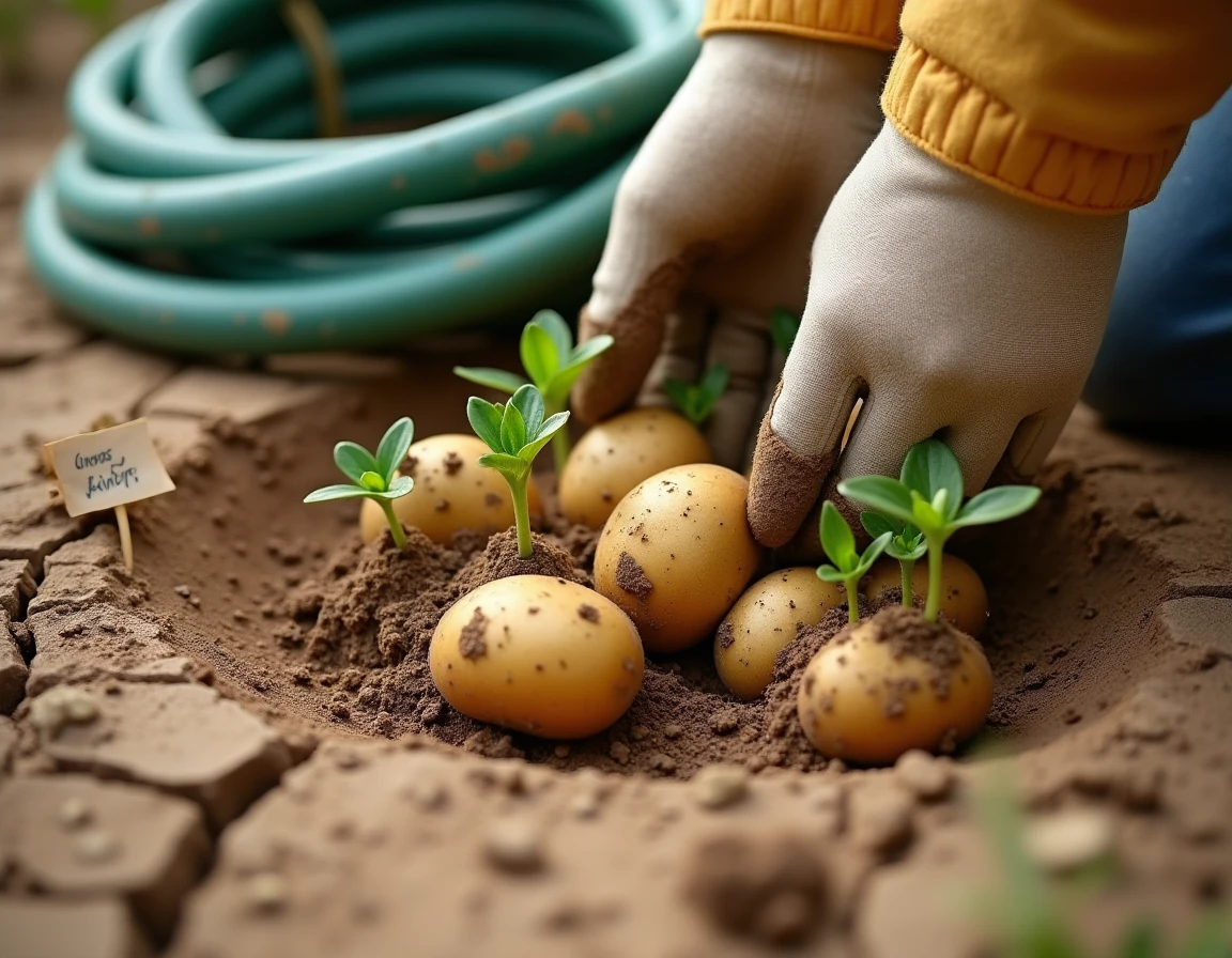 Gros plan sur des plants de pommes de terre en terre sèche et fendue avec arrosoir en attente d'irrigation