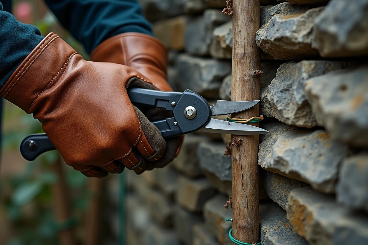 Gros plan de mains gantées taillant une canne de rosier grimpant palissé sur un mur en pierres sèches en automne
