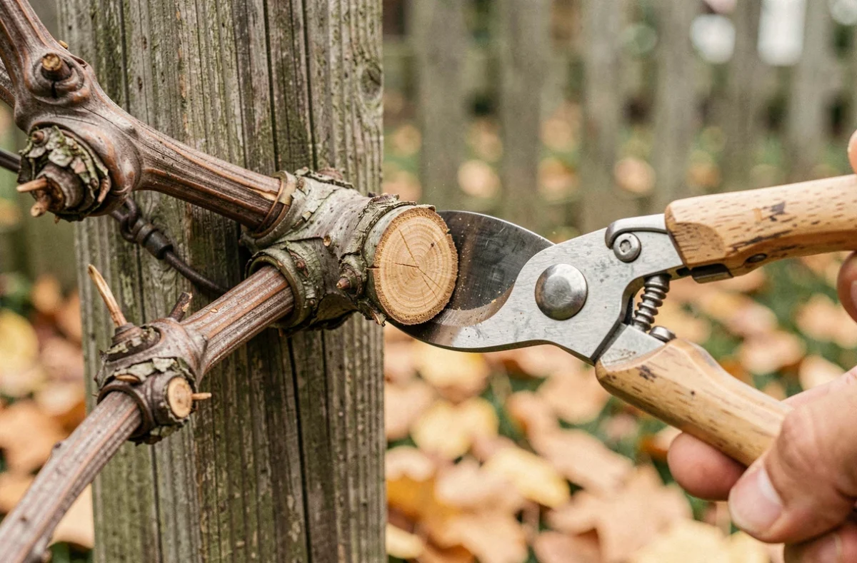 Gros plan de taille d'un sarment de vigne de table avec sécateur sur treille en bois en automne