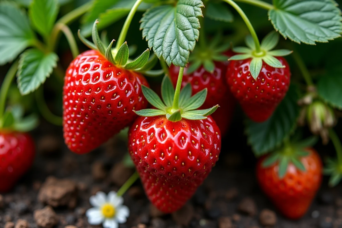Gros plan sur des fraises mûres et volumineuses poussant sur des plants bien entretenus dans un potager