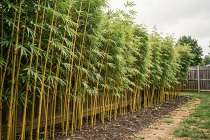 Haie de bambous non traçants en touffes denses le long d'une clôture de jardin résidentiel