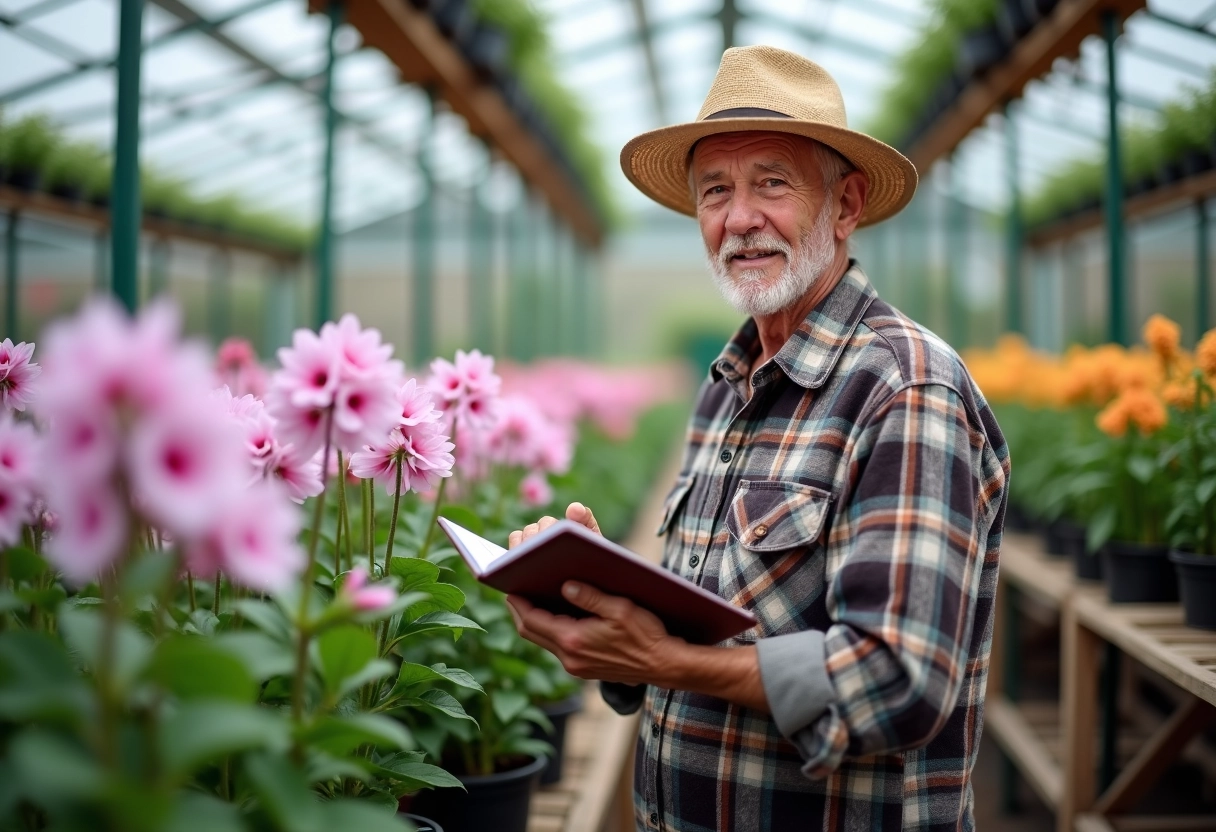 Homme âgé observant ses lisianthus en serre
