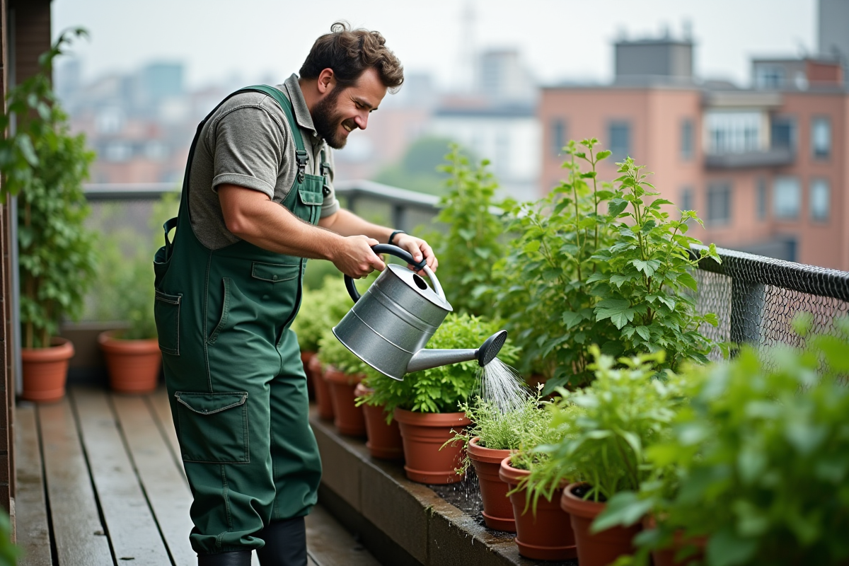 Jeune homme arrosant des herbes en balcon urbain