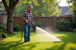 Homme d'âge moyen arrosant sa pelouse dans son jardin