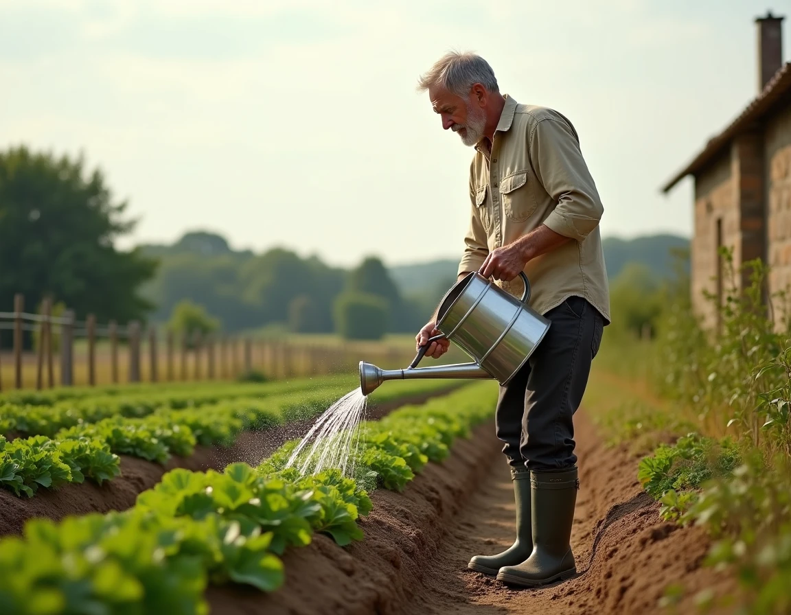 Jardinier arrosant des rangs de pommes de terre avec un arrosoir par été chaud et sec