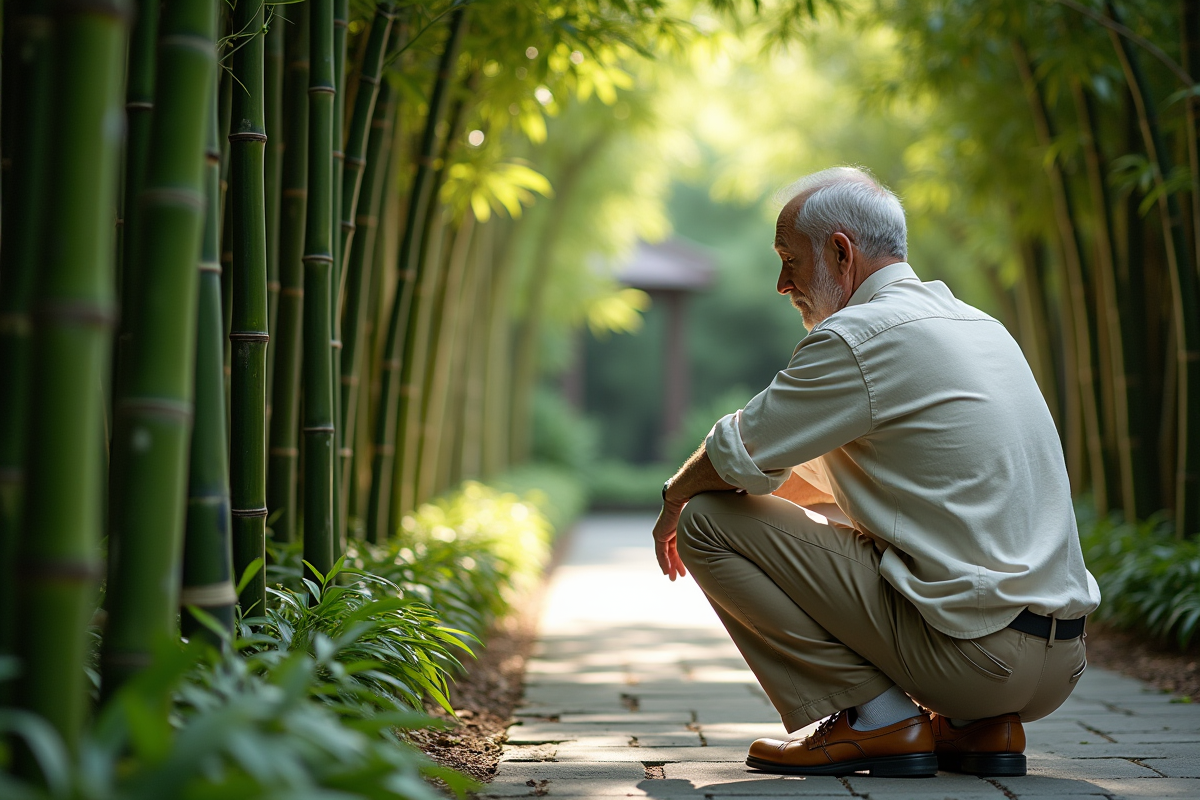 Homme âgé inspectant un bambou dans un jardin luxuriant