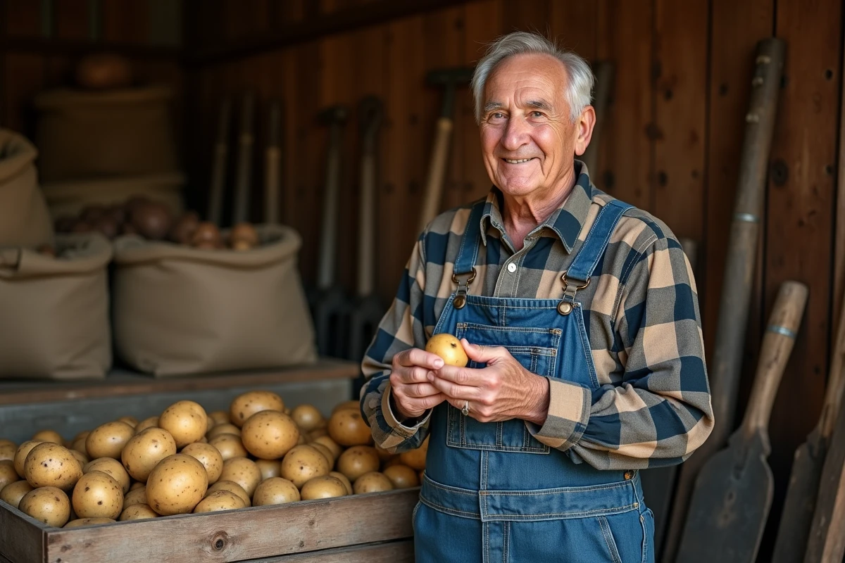 Homme âgé inspectant des pommes de terre dans une grange rustique
