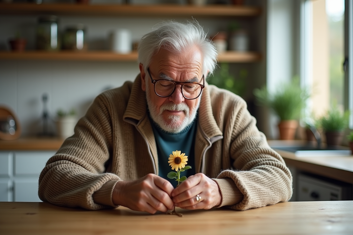 Homme âgé examinant une fleur fanée sur la table de cuisine