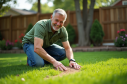 Homme en polo vert fertilisant la pelouse en extérieur