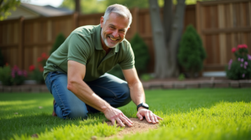 Homme en polo vert fertilisant la pelouse en extérieur
