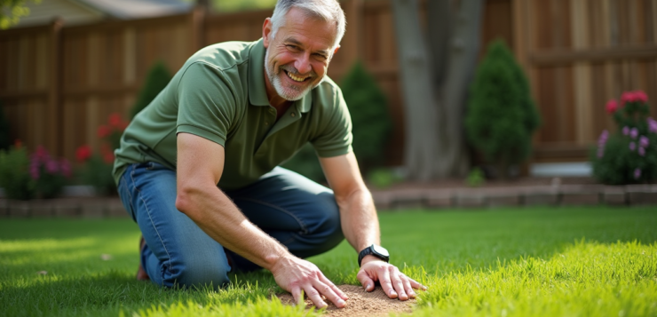 Homme en polo vert fertilisant la pelouse en extérieur