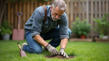 Homme d'âge moyen inspectant une fourmilière dans le jardin