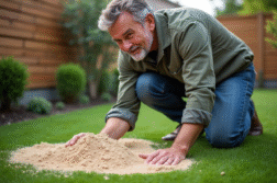 Homme d'âge moyen étalant du sable sur gazon artificiel