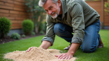 Homme d'âge moyen étalant du sable sur gazon artificiel